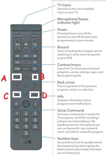 Cox contour remote tv codes - 1. Manually turn on your TV (or device you want to control) 2. Press the TV (or device) button and hold for 5 seconds until the LED flashes twice. LED will remain lit. 3. Enter one of the programming code from the list 0529 for your COX Cable device. enter it using the Number Buttons. The LED flashes once after entering each digit.